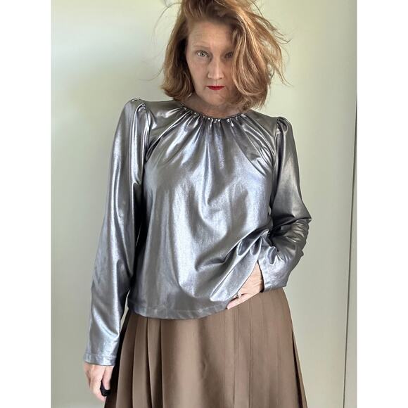 DEREK LAM 10 CROSBY Kary Metallic Crepe Blouse In Silver Size 48/Large Glam Punk - Picture 1 of 9